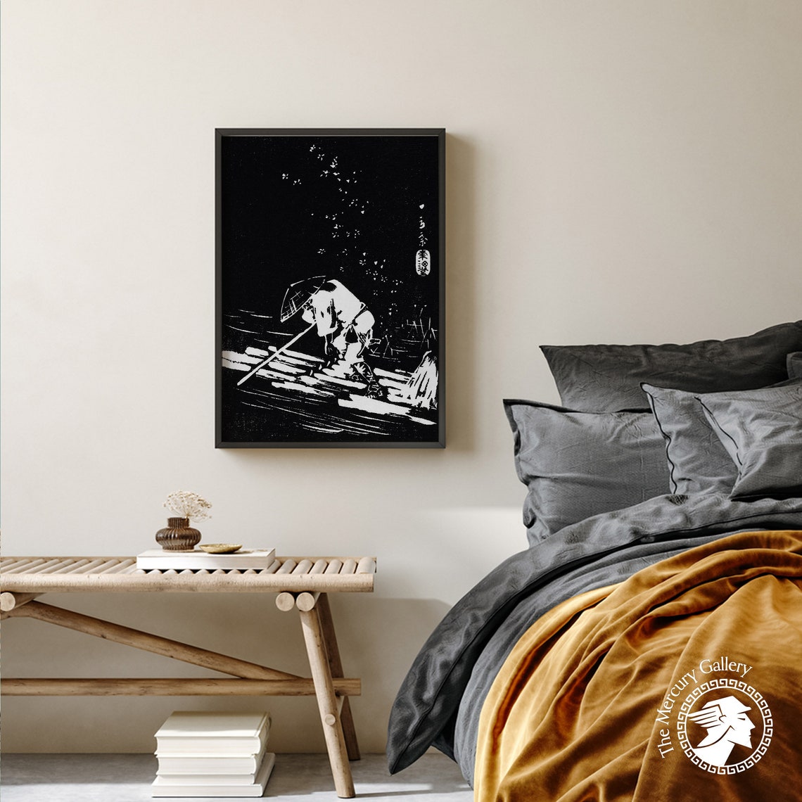 Man Rafting River Monochrome Japanese Woodcut Print Art Poster - Image 2