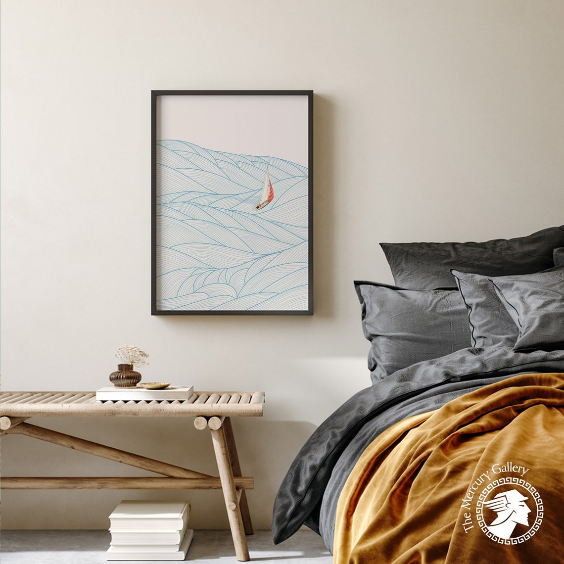 Minimalist Sailboat Red Sail Blue Line Waves Modern Ocean Art Poster - Image 5