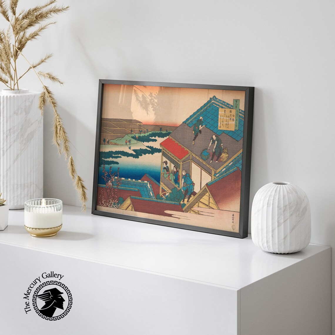 Hokusai Poem by Sangi Hitoshi Rooftops Sunset Rice Paddies Ukiyo E Poster - Image 2