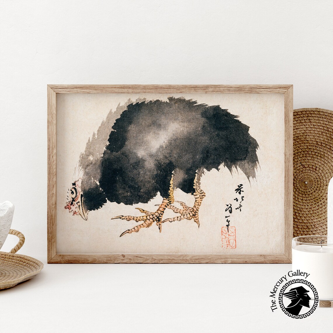 Hokusai Black Chicken Drinking Ink Wash Vintage Japanese Animal Print - Image 6