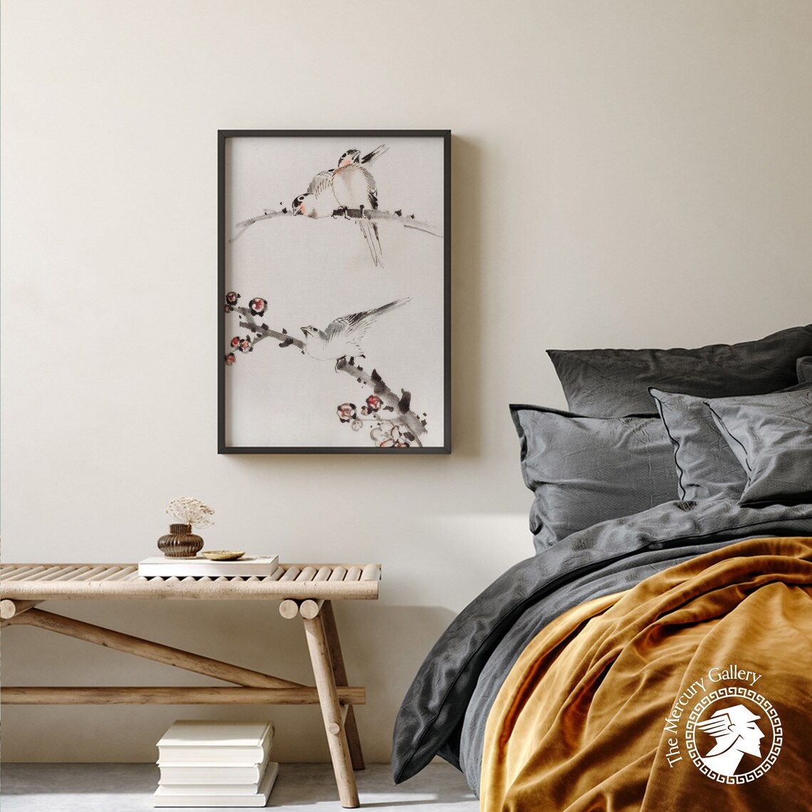 Japanese Ink Birds Perched On Blossoming Branch Delicate Watercolor Print - Image 2