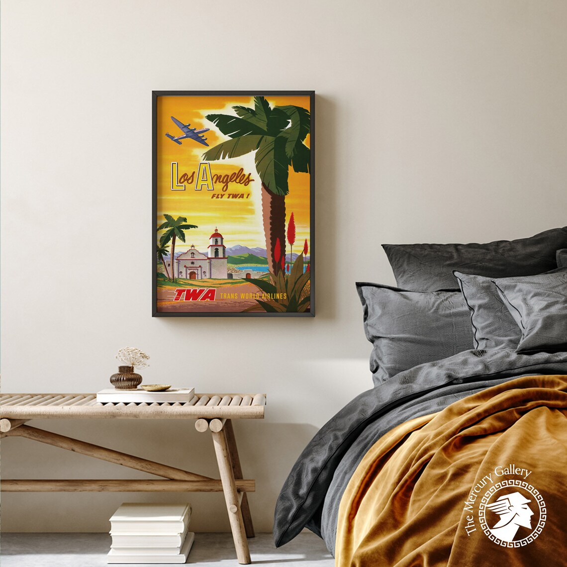 Los Angeles Vintage TWA Airline Palm Mission Retro Travel Poster Print - Image 2