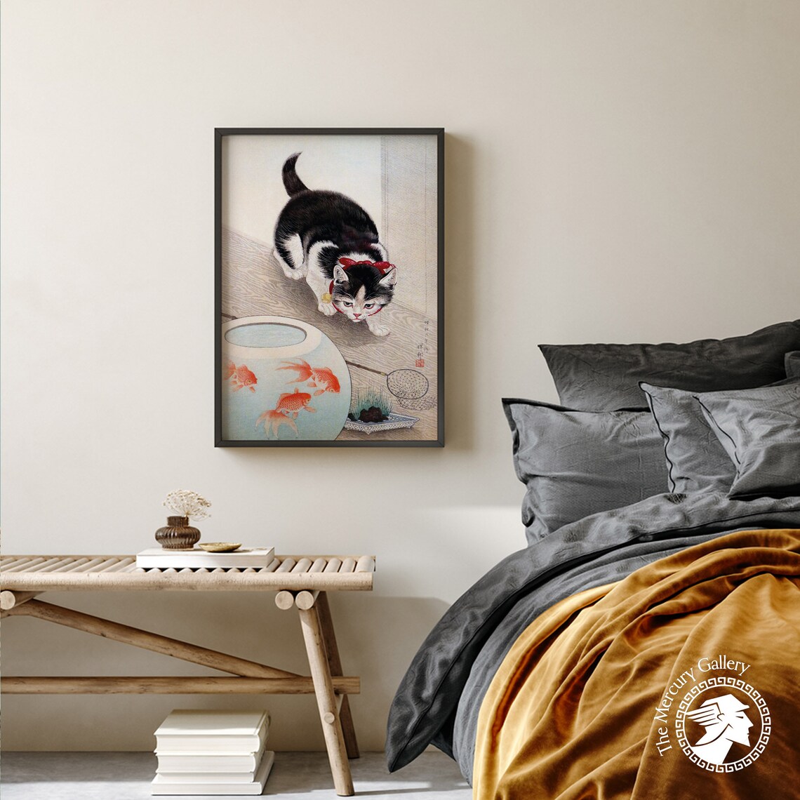 Black Cat Watching Goldfish Bowl Vintage Japanese Cat Animal Art Poster - Image 4