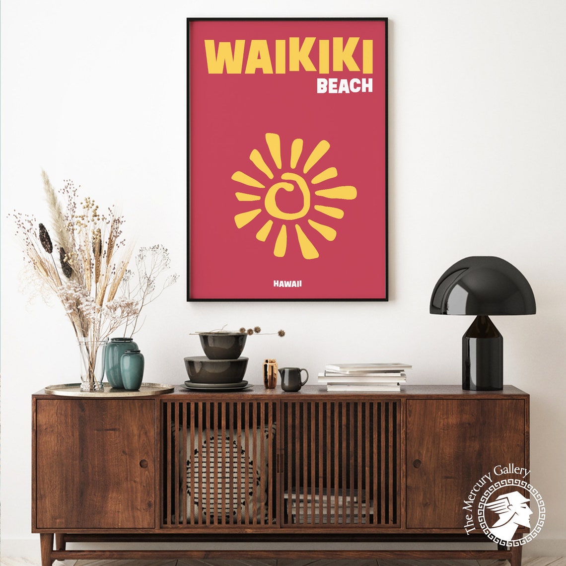 Waikiki Beach Hawaii Yellow Sun Retro Red Modern Travel Poster Print - Image 3