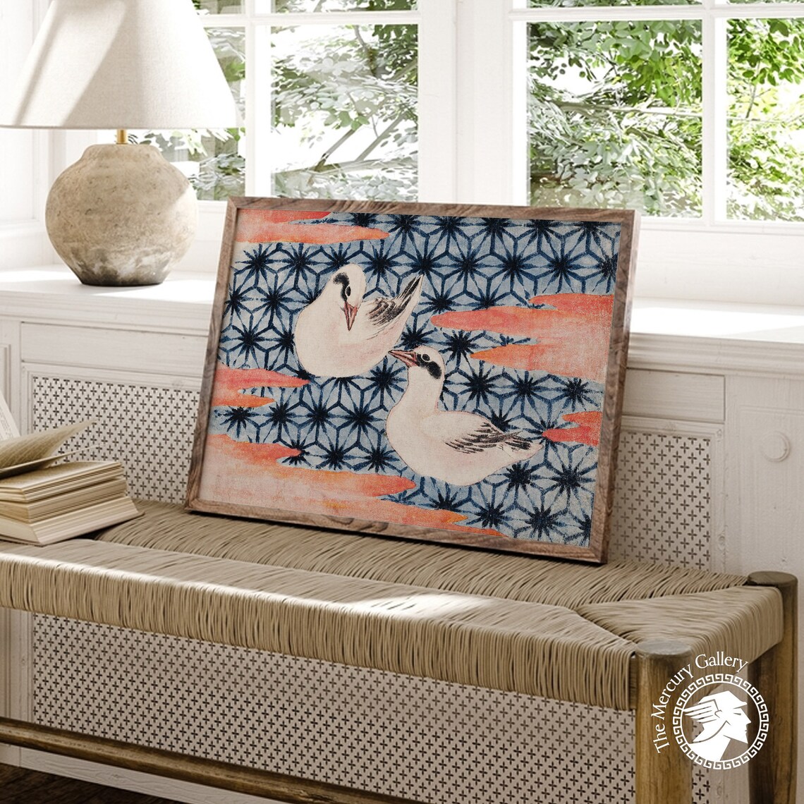 Two White Birds Patterned Sky Vintage Japanese Woodblock Bird Art Poster - Image 4