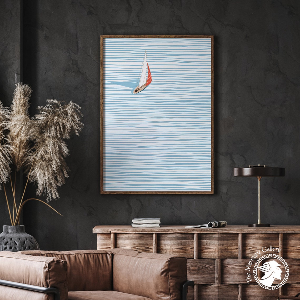 Aerial Sailboat On Striped Blue Sea Minimalist Modern Ocean Art Poster - Image 5
