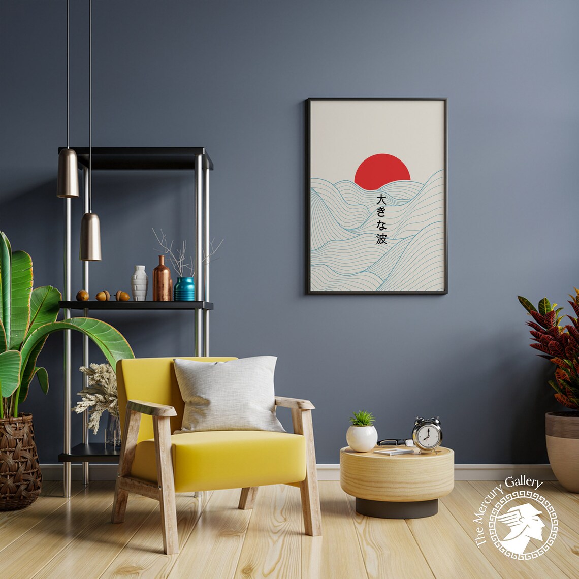 Japanese Great Wave Line Art Poster Red Sun Minimalist Ocean Wall Print - Image 2
