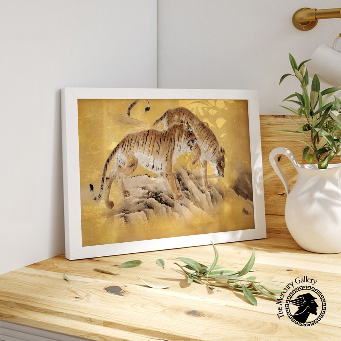 Two Tigers On Gold Leaf Rock Antique Japanese Tiger Wildlife Art Print - Image 5
