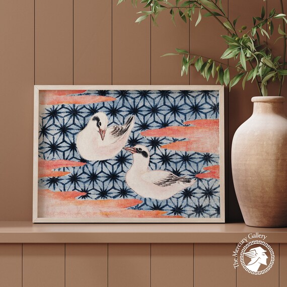 Two White Birds Patterned Sky Vintage Japanese Woodblock Bird Art Poster