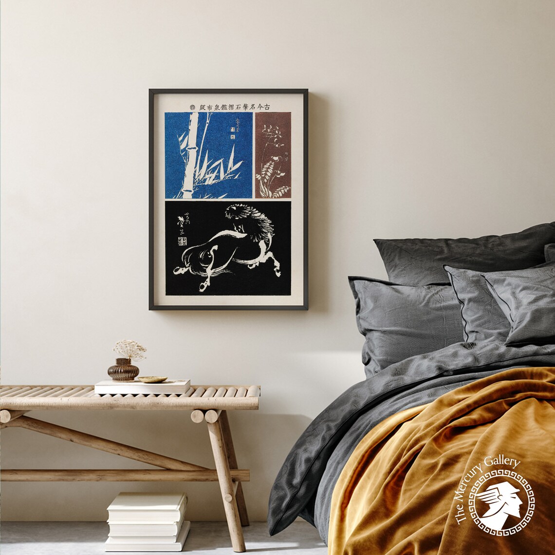 Japanese Woodblock Trio Blue Bamboo Floral And Horse Panel Art Poster - Image 2