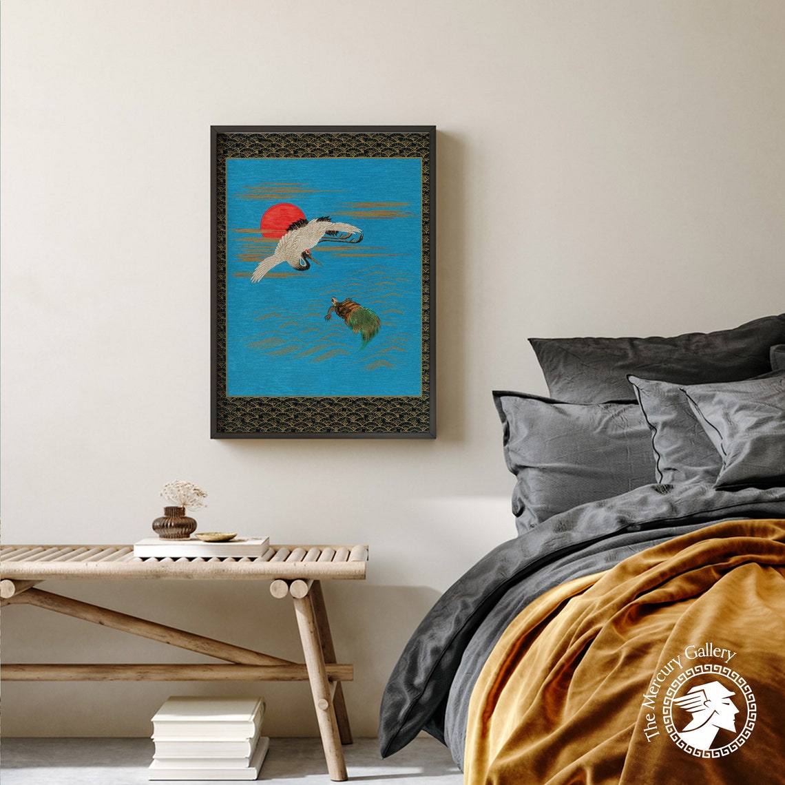 White Crane Turtle Sea Red Sun Japanese Maximalist Crane Art Print - Image 4