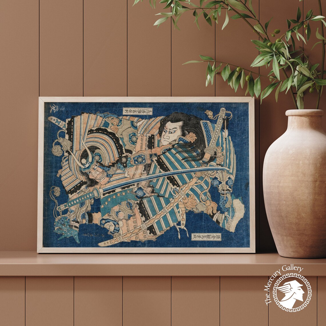 Samurai Warrior Blue Armor Swords Vintage Japanese Woodblock Art Poster - Image 4