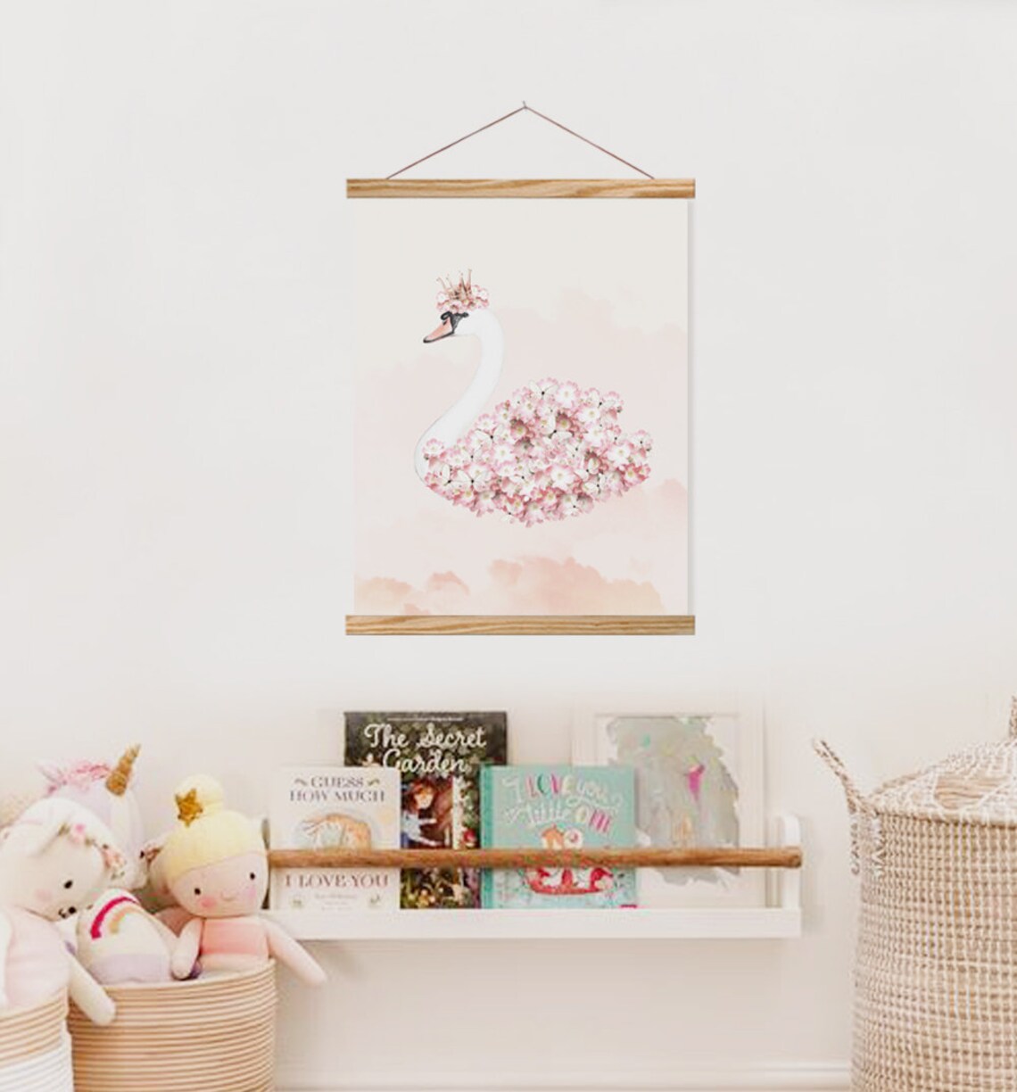 Floral Swan Crown Princess Nursery Soft Pink Cute Animal Poster
