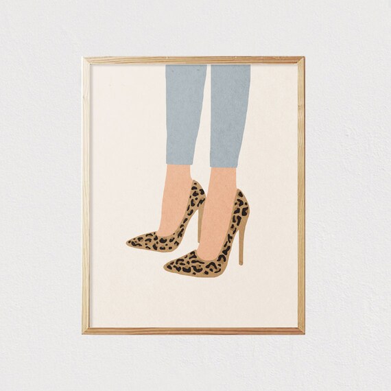 Woman In Jeans And Leopard Spotted Stiletto Heels Fashion Illustration Poster