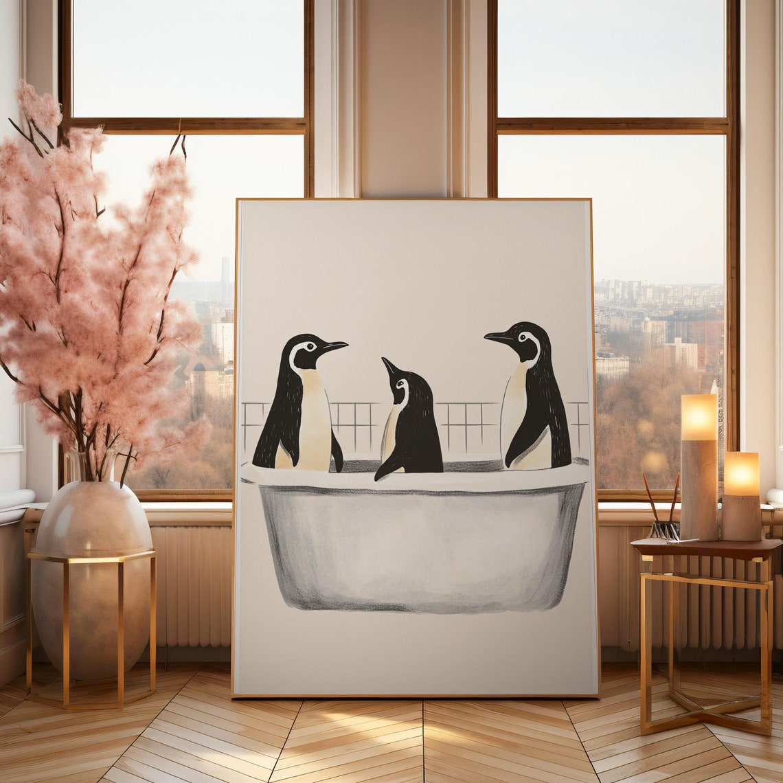 Three Penguins In Gray Bathtub Minimalist Beige Bathroom Poster