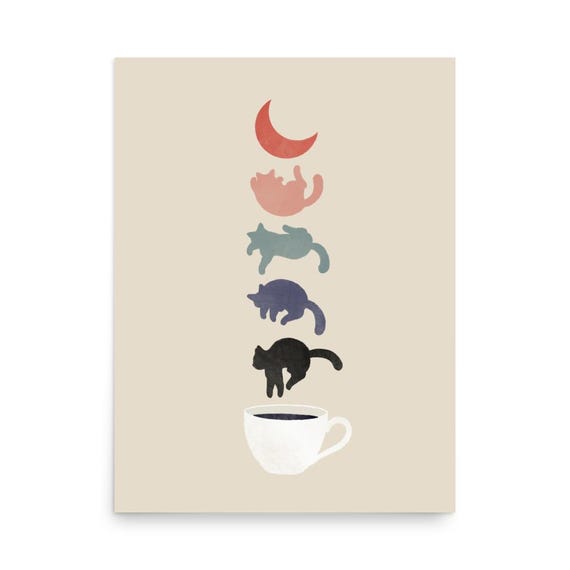 Coffee Cup Cats Leaping Crescent Moon Minimal Cute Kitchen Art Poster
