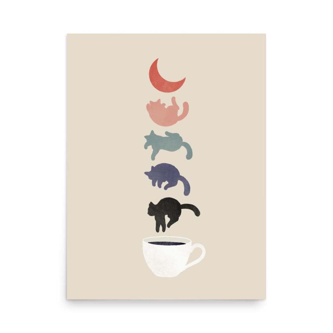 Coffee Cup Cats Leaping Crescent Moon Minimal Cute Kitchen Art Poster