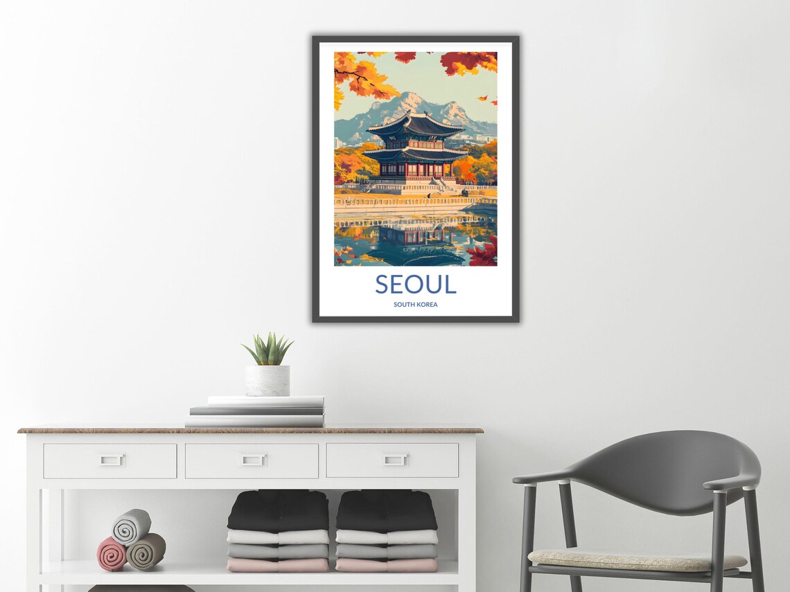 Seoul Korea Gyeongbokgung Palace Pavilion Autumn Leaves Travel Poster - Image 2