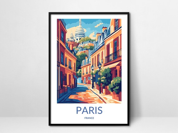 Paris France Montmartre Street and Sacre Coeur Vintage Travel Poster
