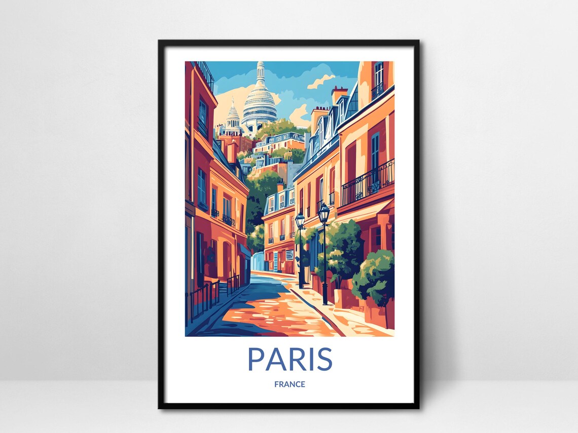 Paris France Montmartre Street and Sacre Coeur Vintage Travel Poster