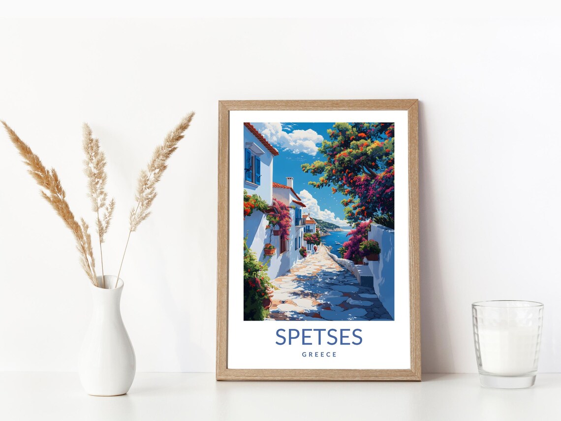 Spetses Greece Island Street Bougainvillea Coastal Travel Poster - Image 3