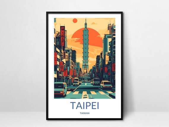 Taipei 101 Tower Sunset Street Scene Retro Vintage Travel Poster