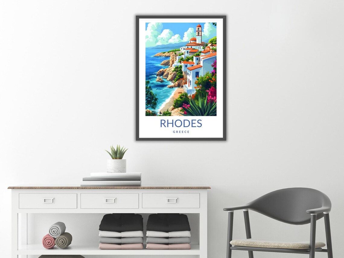Rhodes Greece Coastal Village Poster Whitewashed Cliff Church Sea View - Image 2