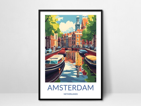 Amsterdam Canal Boats Reflections Colorful Houses Netherlands Poster
