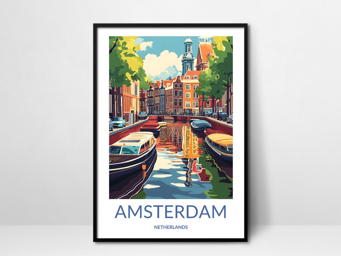 Amsterdam Canal Boats Reflections Colorful Houses Netherlands Poster