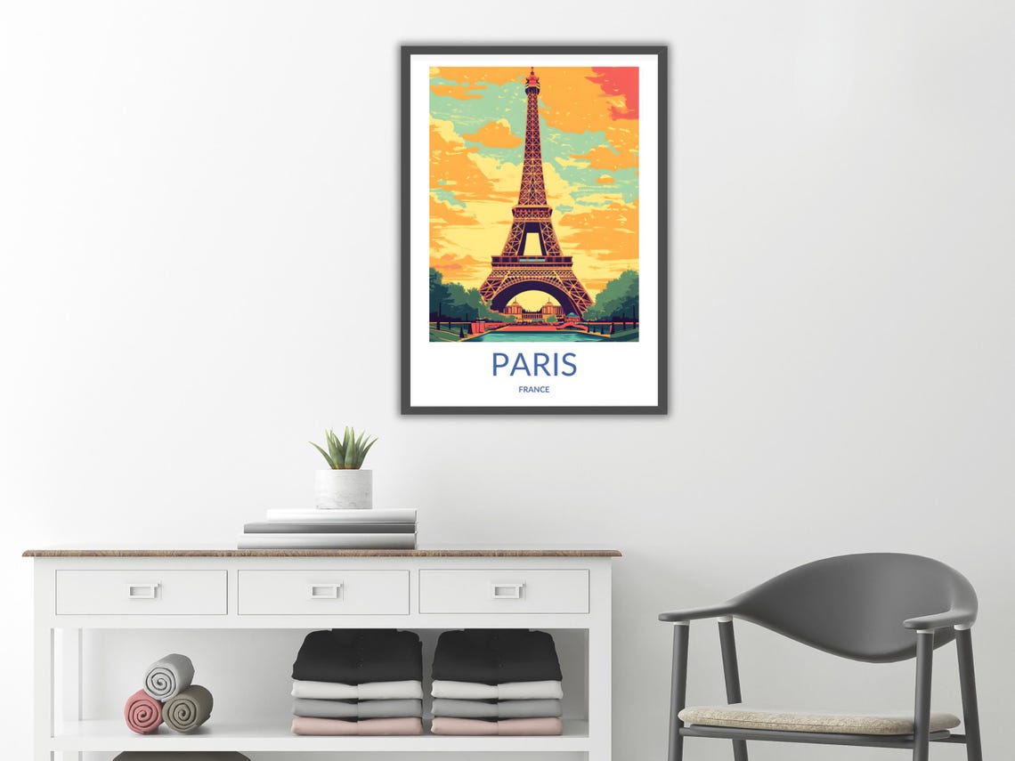 Paris France Eiffel Tower Sunset Golden Sky Vintage Travel Poster - Image 2