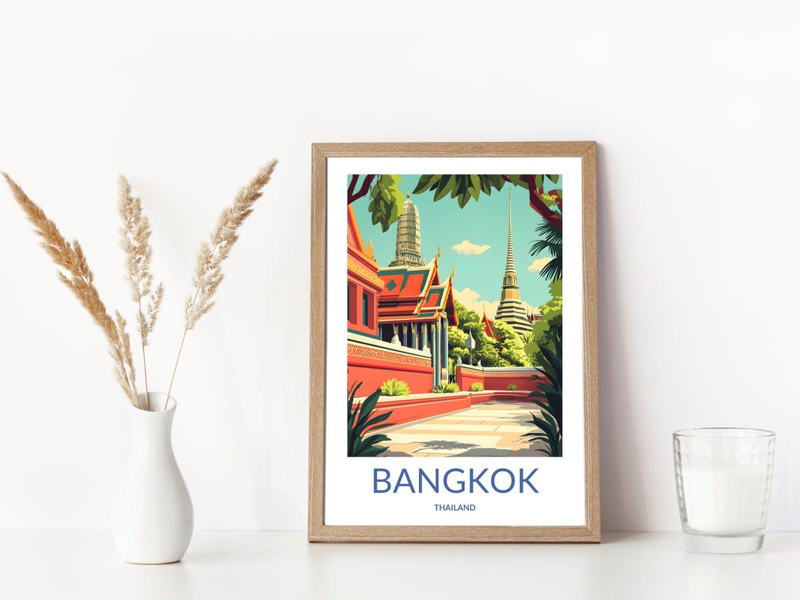 Bangkok Thailand Temple Courtyard Stupa Spires Red Walls Travel Poster - Image 3