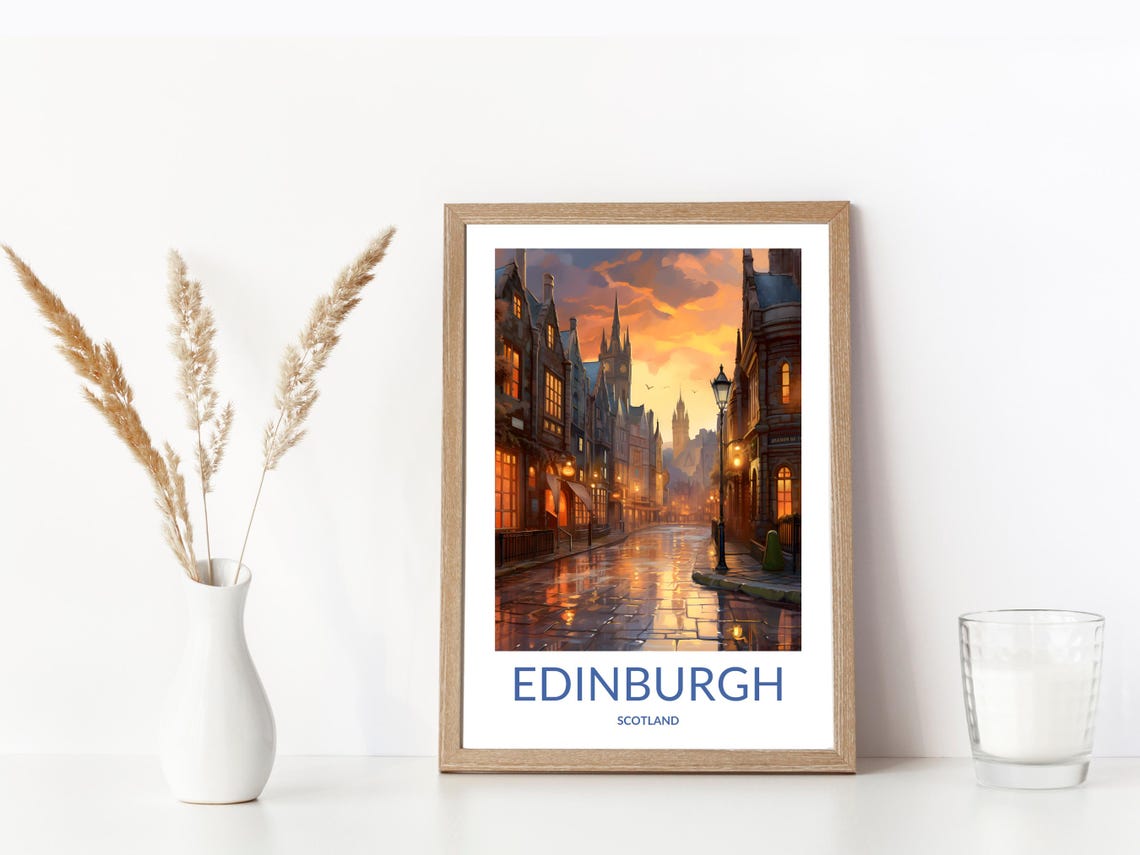 Edinburgh Rainy Street Dusk Lamplight Wet Cobblestone Poster - Image 3