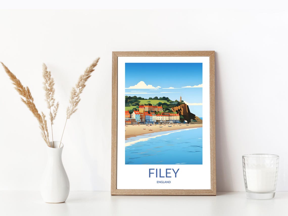 Filey England Bay Beachfront Houses Sunny Day Seaside Poster - Image 3