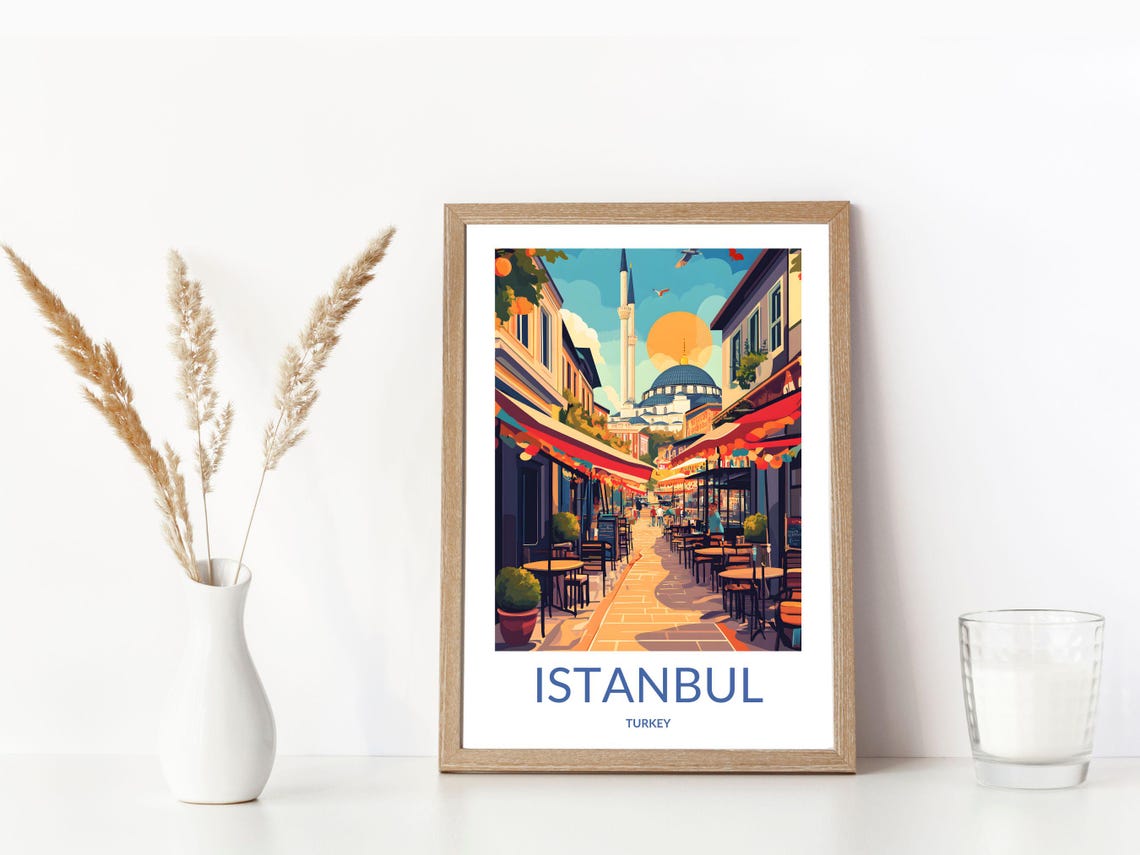 Istanbul Turkey Sunset Cafe Street Mosque Vintage Travel Poster - Image 3