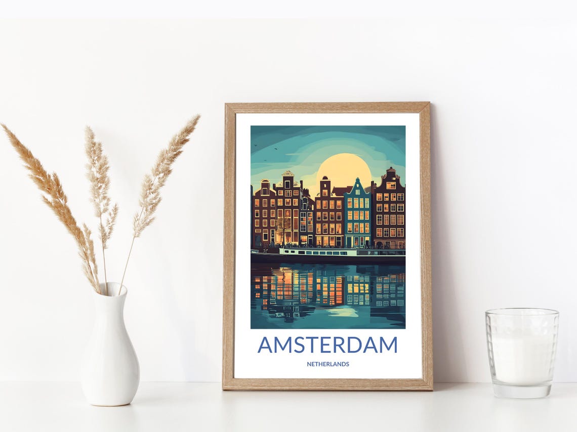 Amsterdam Night Moonlit Canal Houses Glowing Windows Holland Poster - Image 3
