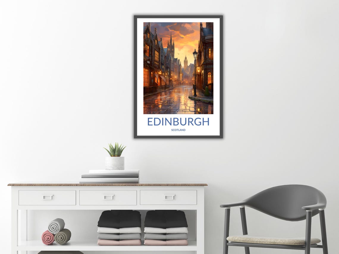 Edinburgh Rainy Street Dusk Lamplight Wet Cobblestone Poster - Image 2