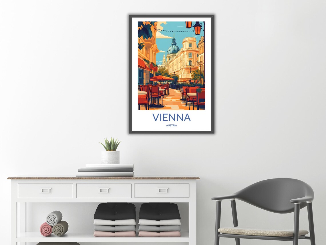 Vienna Cafe Poster Austria Cityscape Art European Street Scene Vienna Outdoor Seating Historic City Decor Travel Wall Decor - Image 2