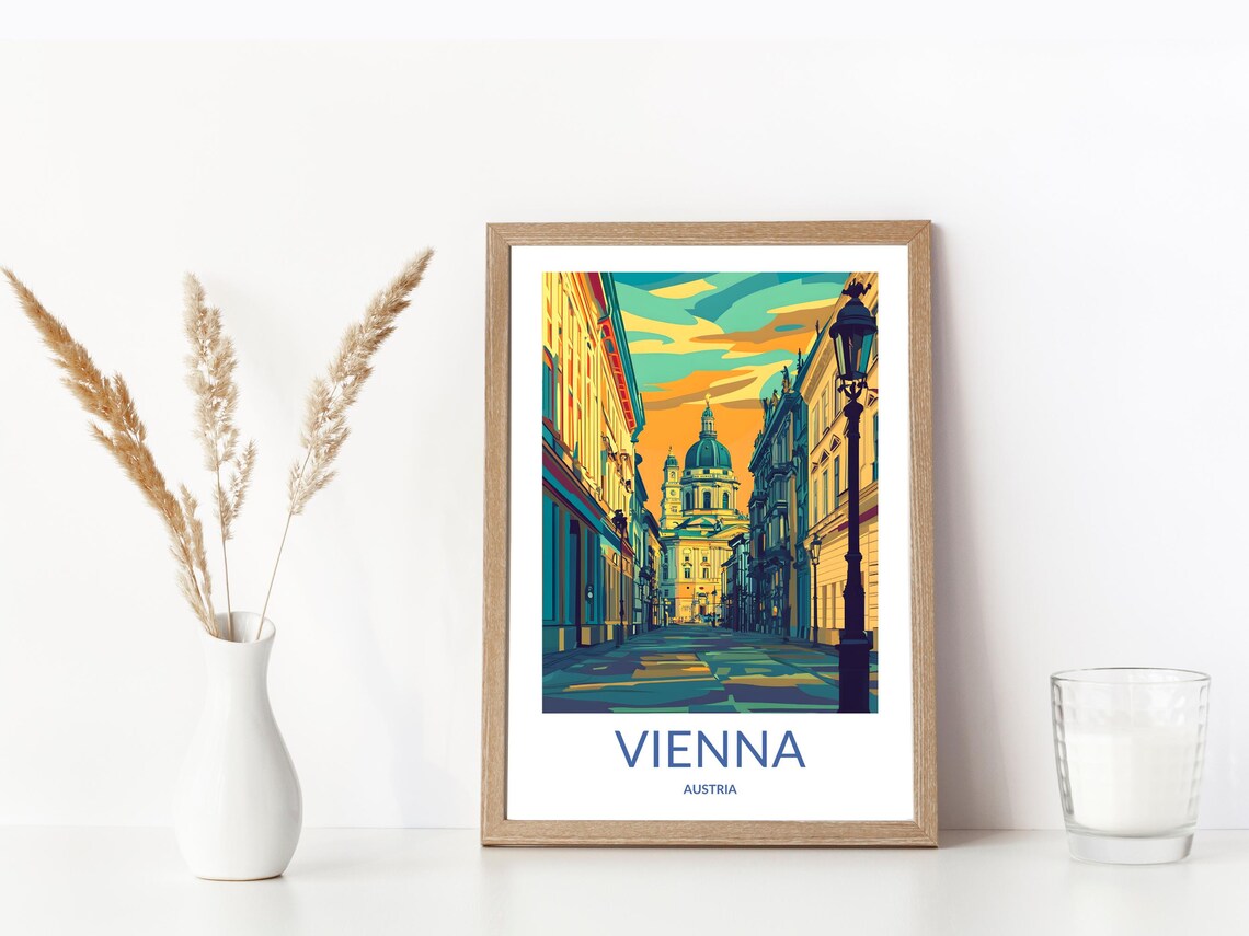 Vienna Austria Domed Church Street Lamppost Historic Evening Poster - Image 3
