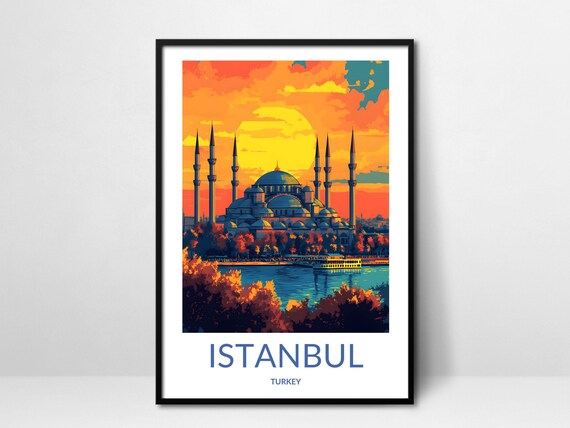 Istanbul Turkey Blue Mosque Six Minarets Sunset Waterfront Travel Poster
