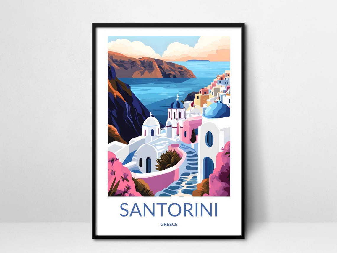 Santorini Blue Domes Village Church Daytime Mediterranean View Poster