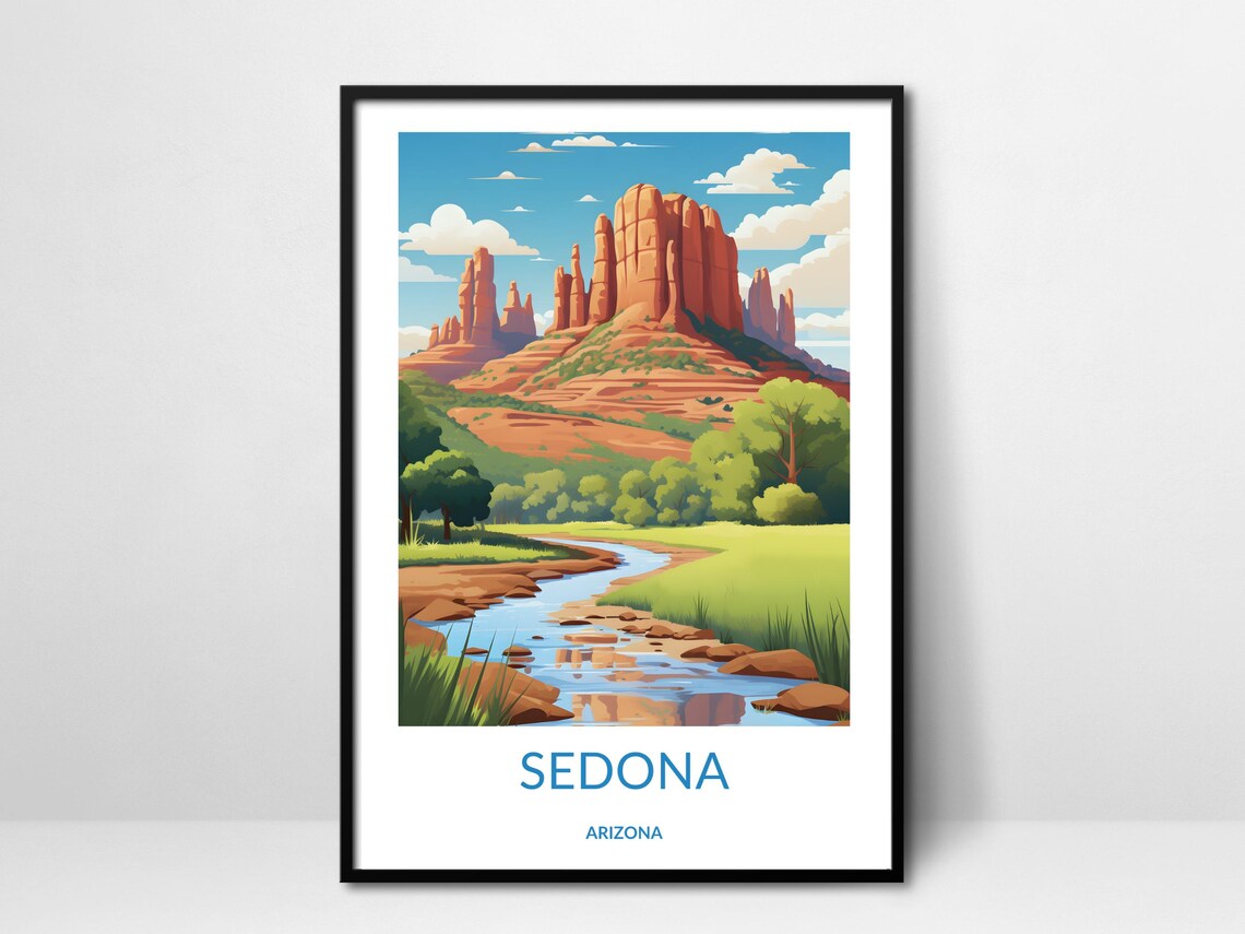 Sedona Arizona Red Rock Monolith and Creek Vintage Travel Poster