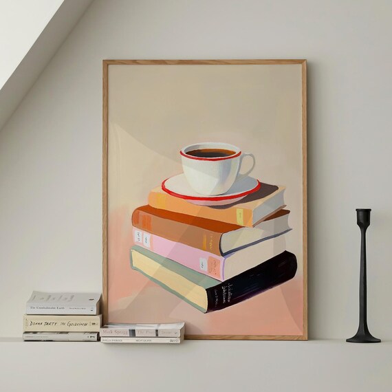 Coffee Cup On Book Stack Cozy Reading Still Life Pastel Poster