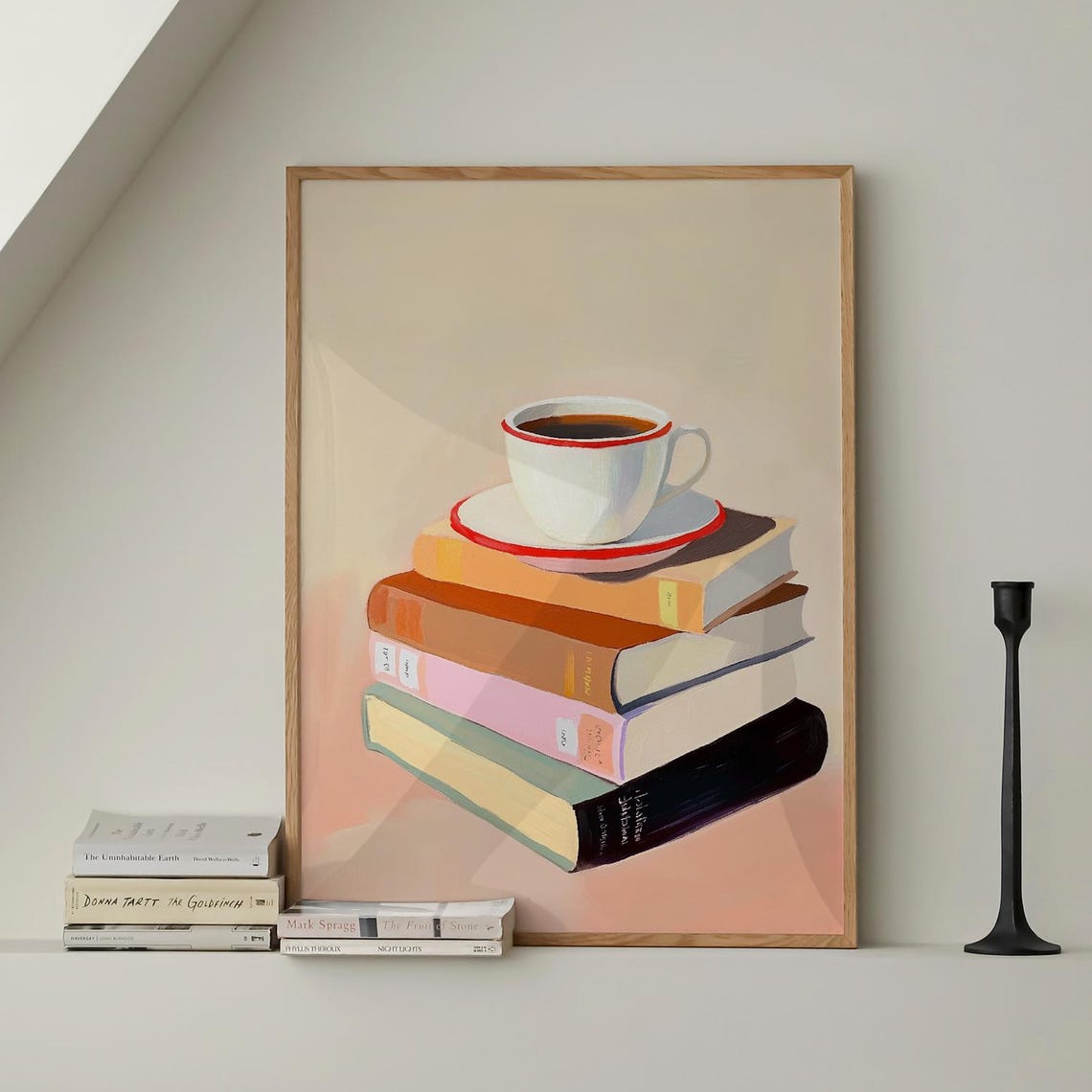 Coffee Cup On Book Stack Cozy Reading Still Life Pastel Poster