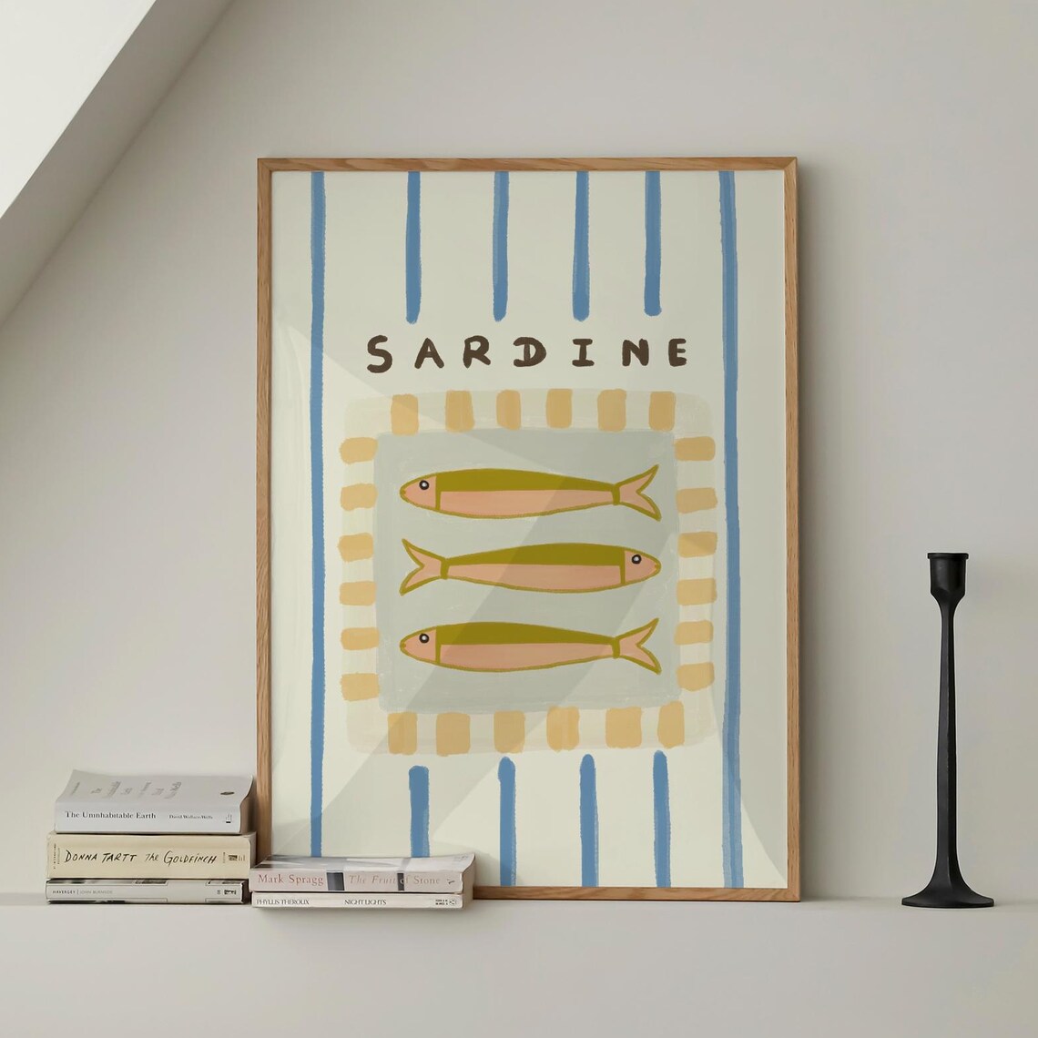 Vintage Sardines Fish Green Blue Stripe Trendy Kitchen Wall Art Retro Modern Food Home Decor
