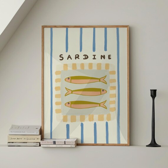 Vintage Sardines Fish Green Blue Stripe Trendy Kitchen Wall Art Retro Modern Food Home Decor