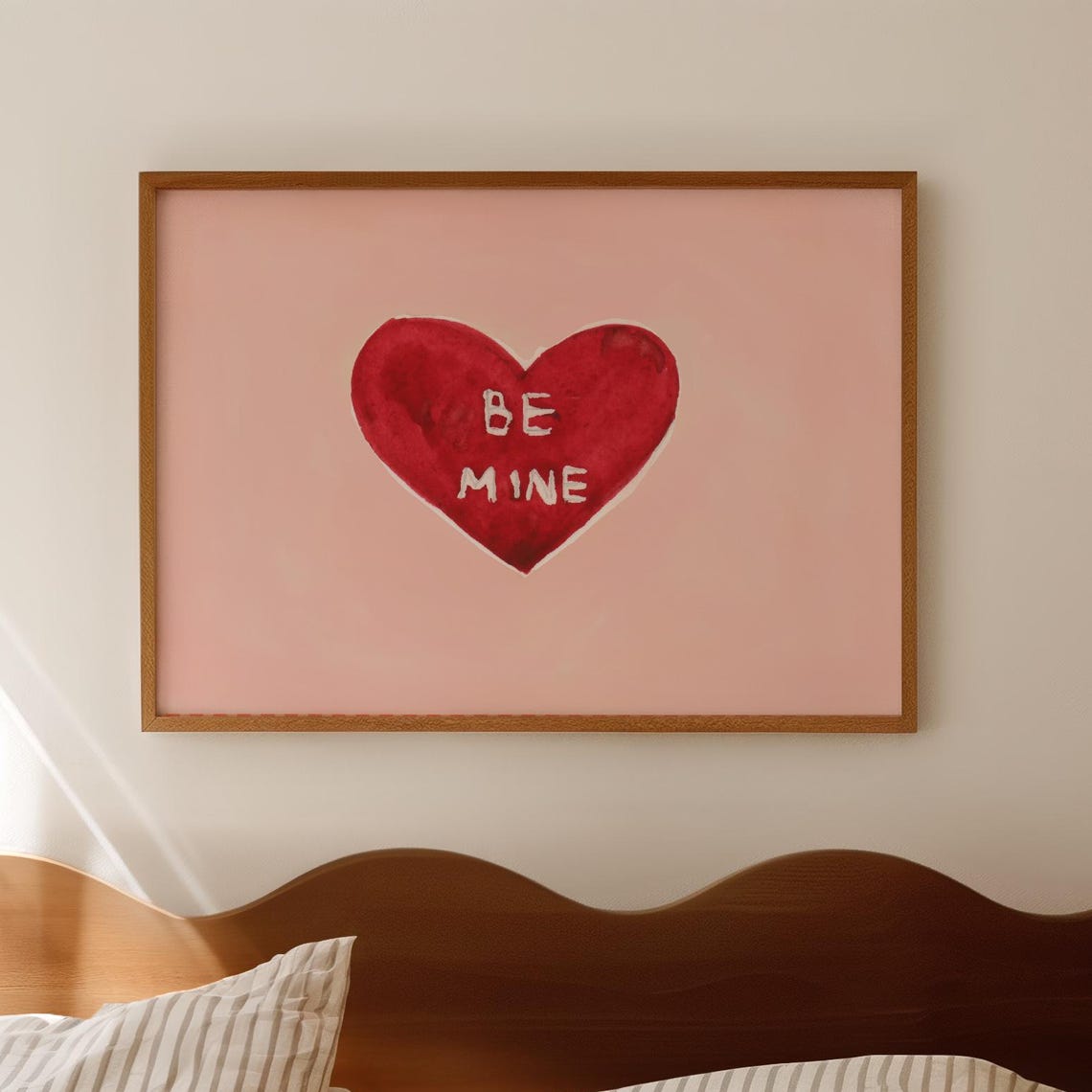 Be Mine Heart Watercolor Poster Pink Red Romantic Bedroom Decor