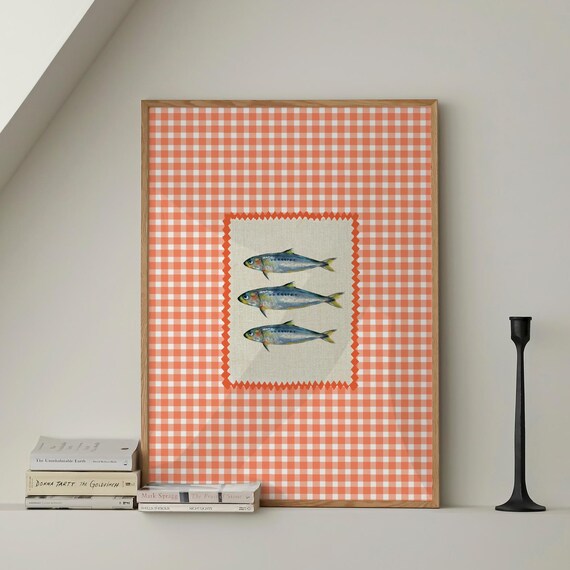Vintage Sardines Fish Print Red Stripe Trendy Kitchen Wall Art Retro Modern Food Home Decor