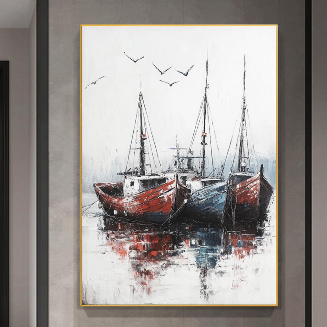 Impressionist Seascape Sailing Ship Painting Original Hand Painted Fishing Boat Oil Painting Abstract Acrylic Painting Livingroom Wall Decor