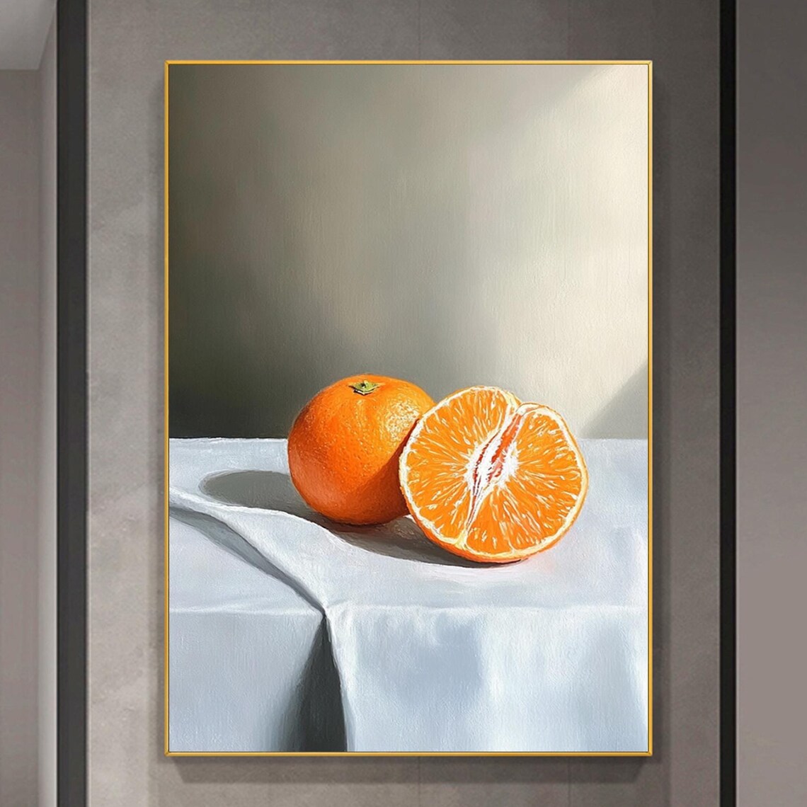 Whole And Halved Orange On White Linen Still Life Painting Poster