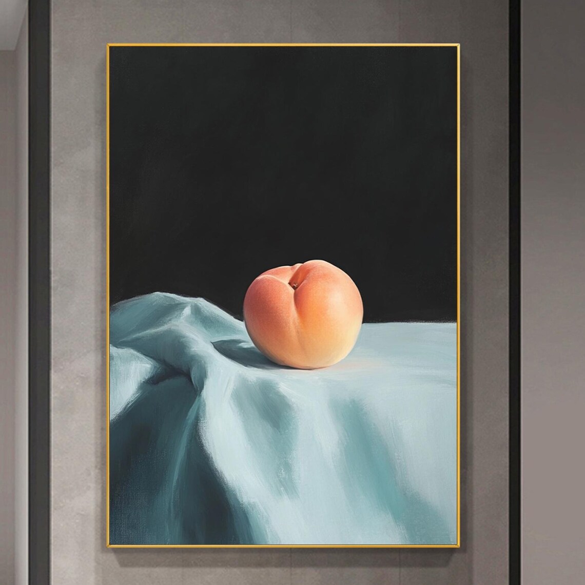 Single Peach On Blue Cloth Dark Background Still Life Poster